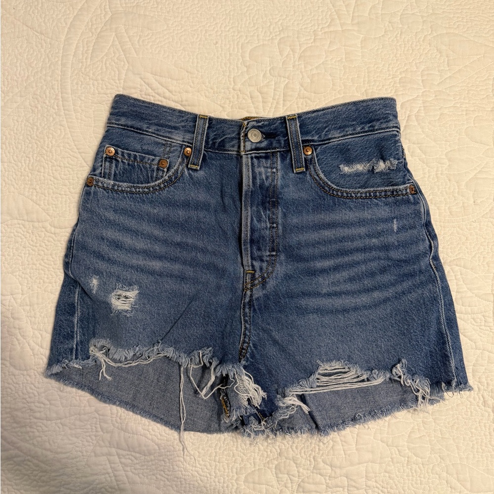 High-Rise Distressed Denim Cutoff Shorts - Blue
